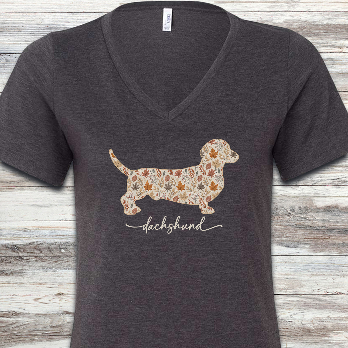 Dachshund Fall V-Neck Tee - Dark Grey Heather