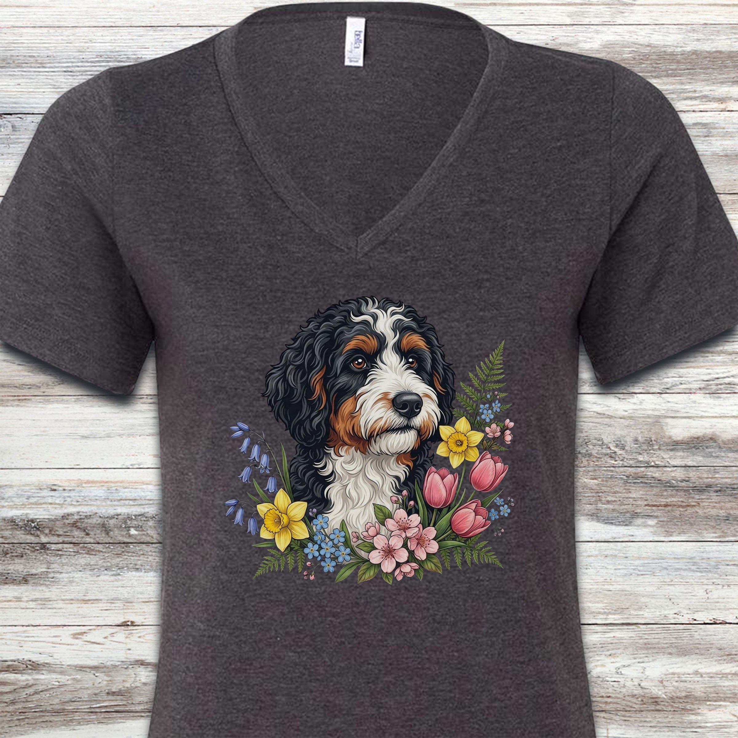 Bernedoodle Spring Portrait V-Neck Tee - Dark Grey Heather