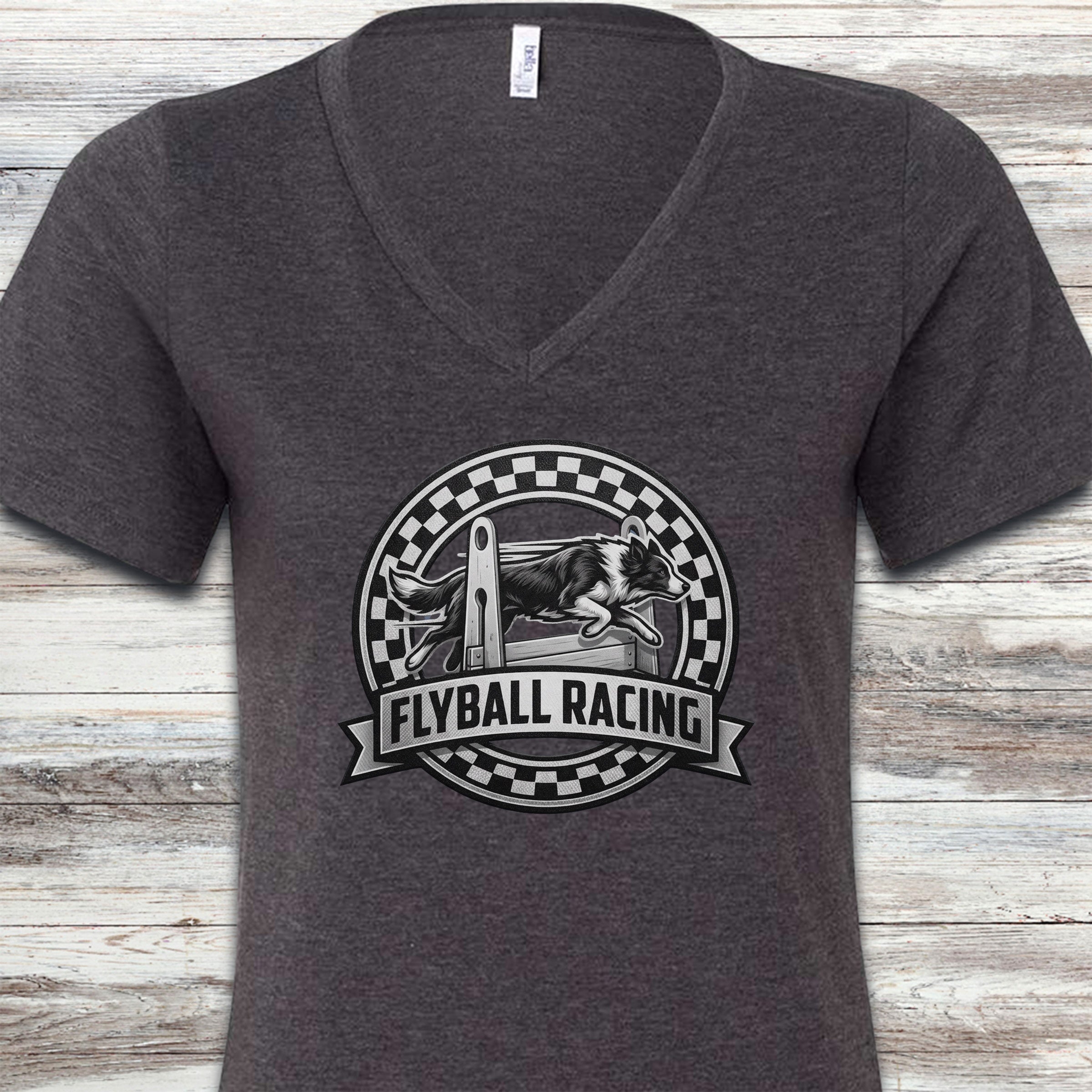 Border Collie Flyball Racing V-Neck Tee - Dark Grey Heather