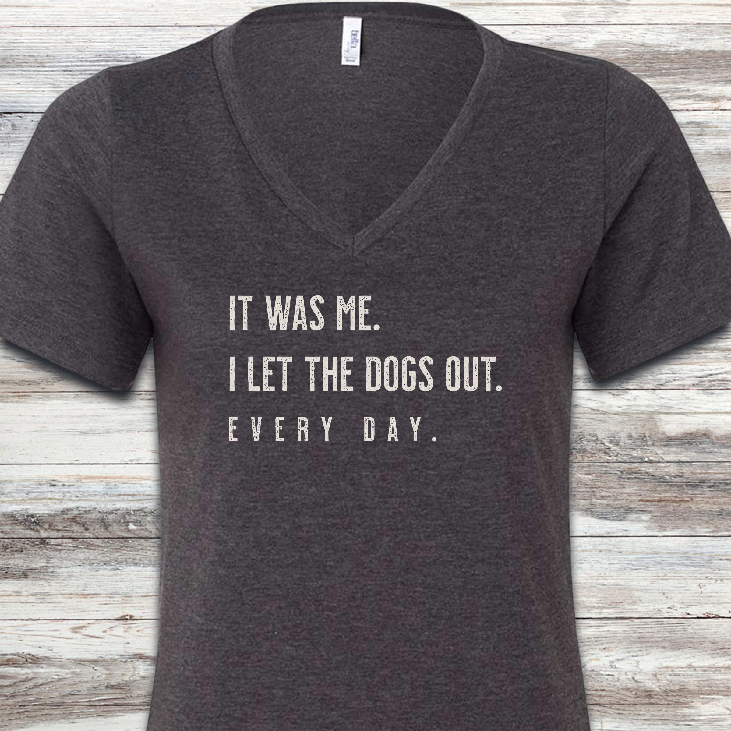 I Let The Dogs Out Everyday V-Neck Tee - Dark Grey Heather