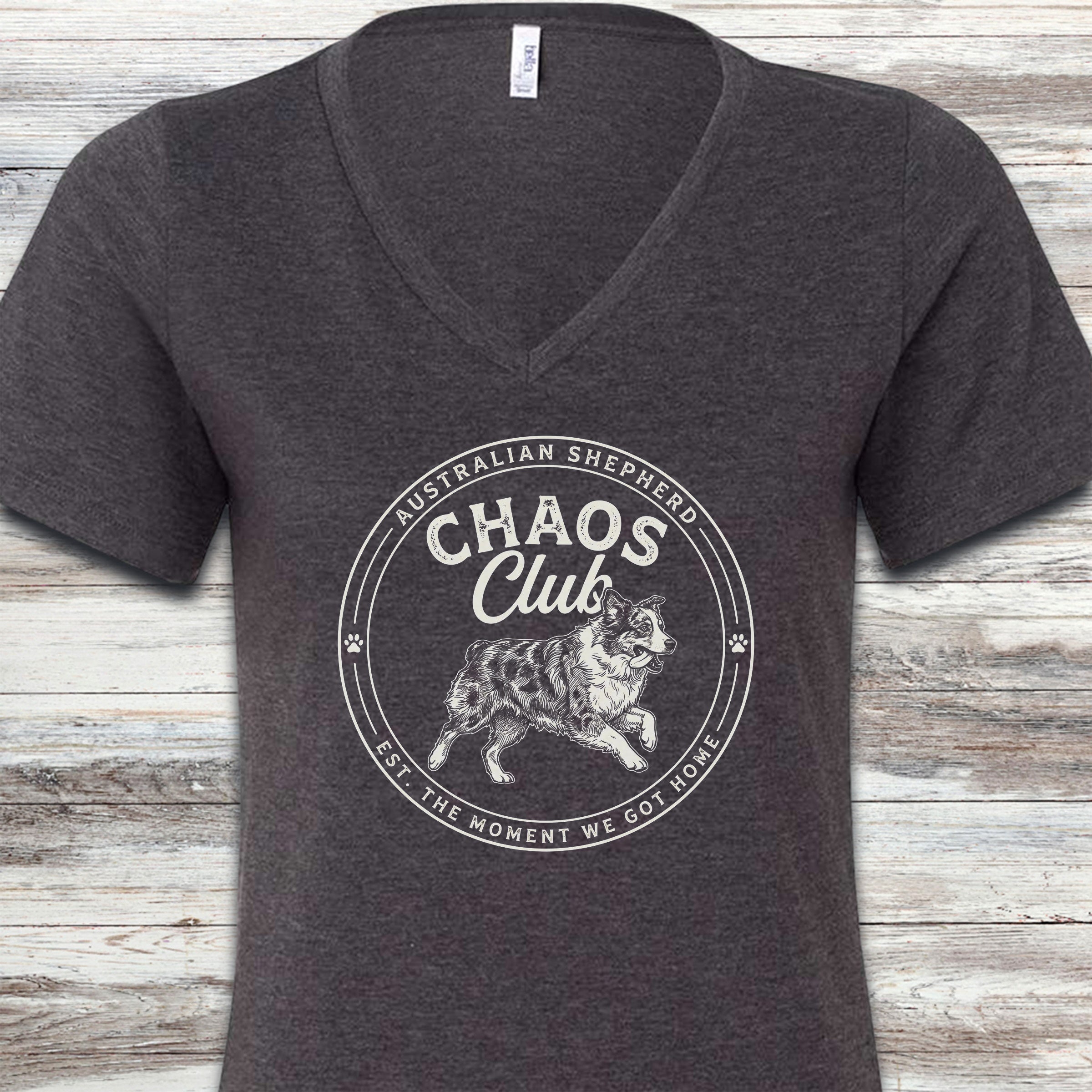 Australian Shepherd Chaos Club V-Neck Tee - Dark Grey Heather
