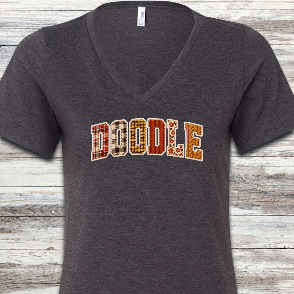 Doodle Fall Faux Patchwork V-Neck Tee - Dark Grey Heather