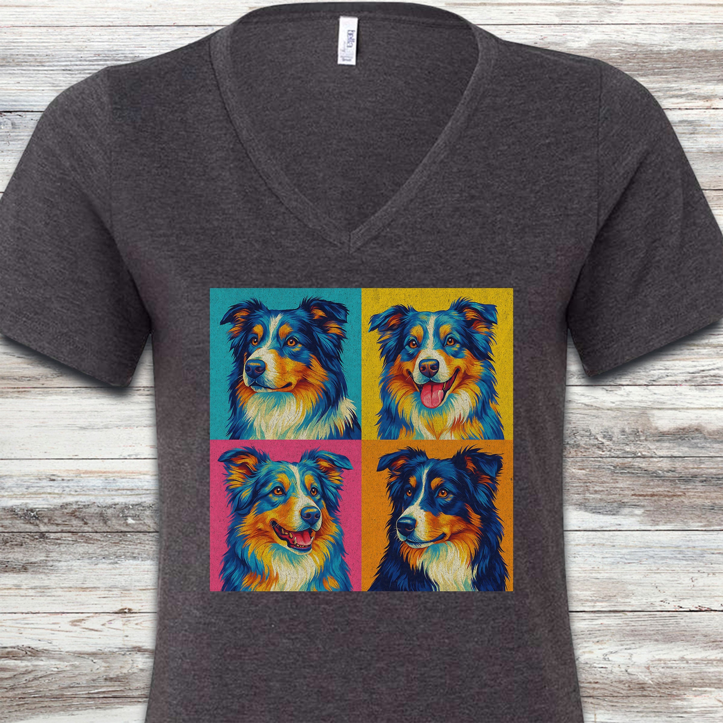 Australian Shepherd Pop Art V-Neck Tee - Dark Grey Heather