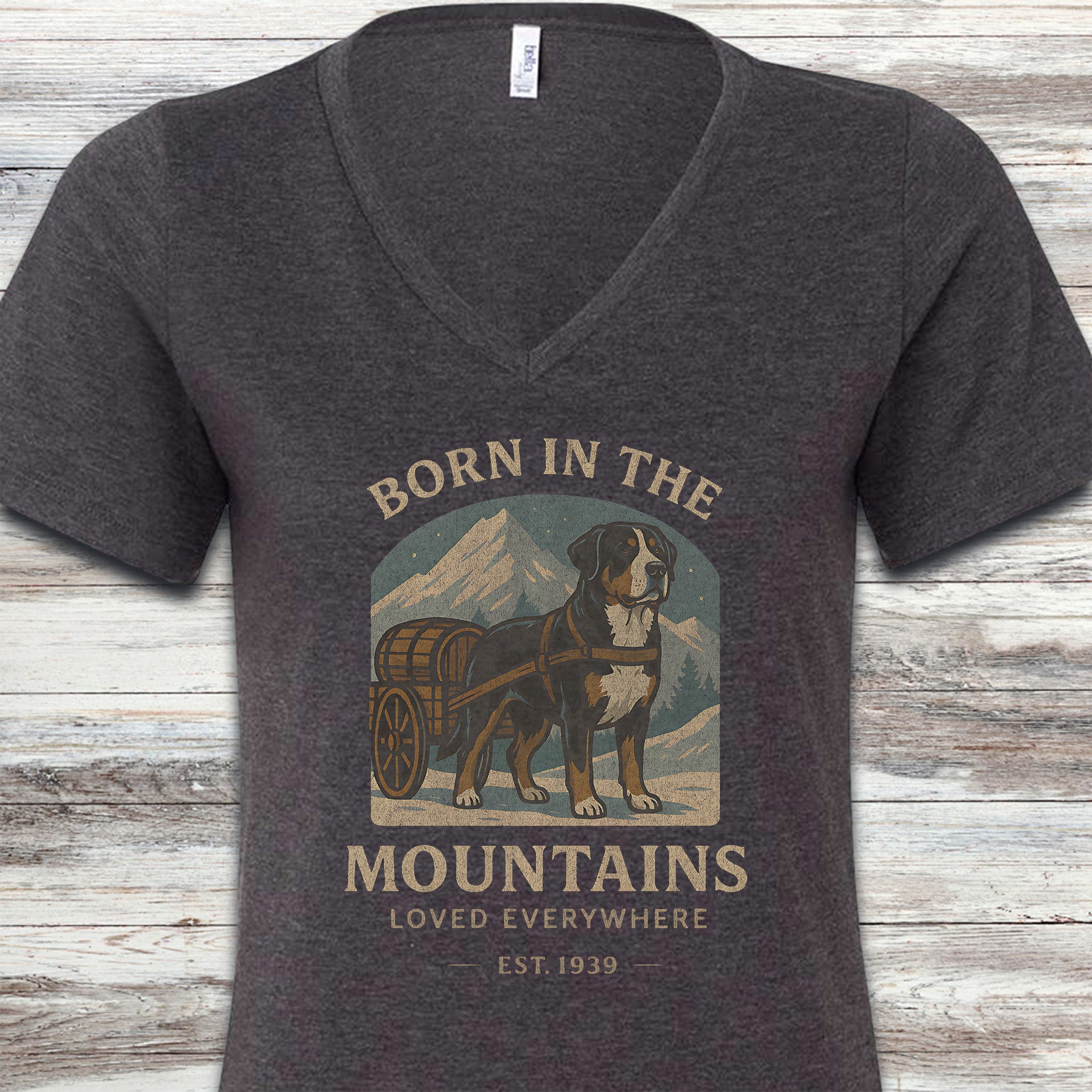 Swiss Mountain Dog Born V-Neck Tee - Dark Grey Heather