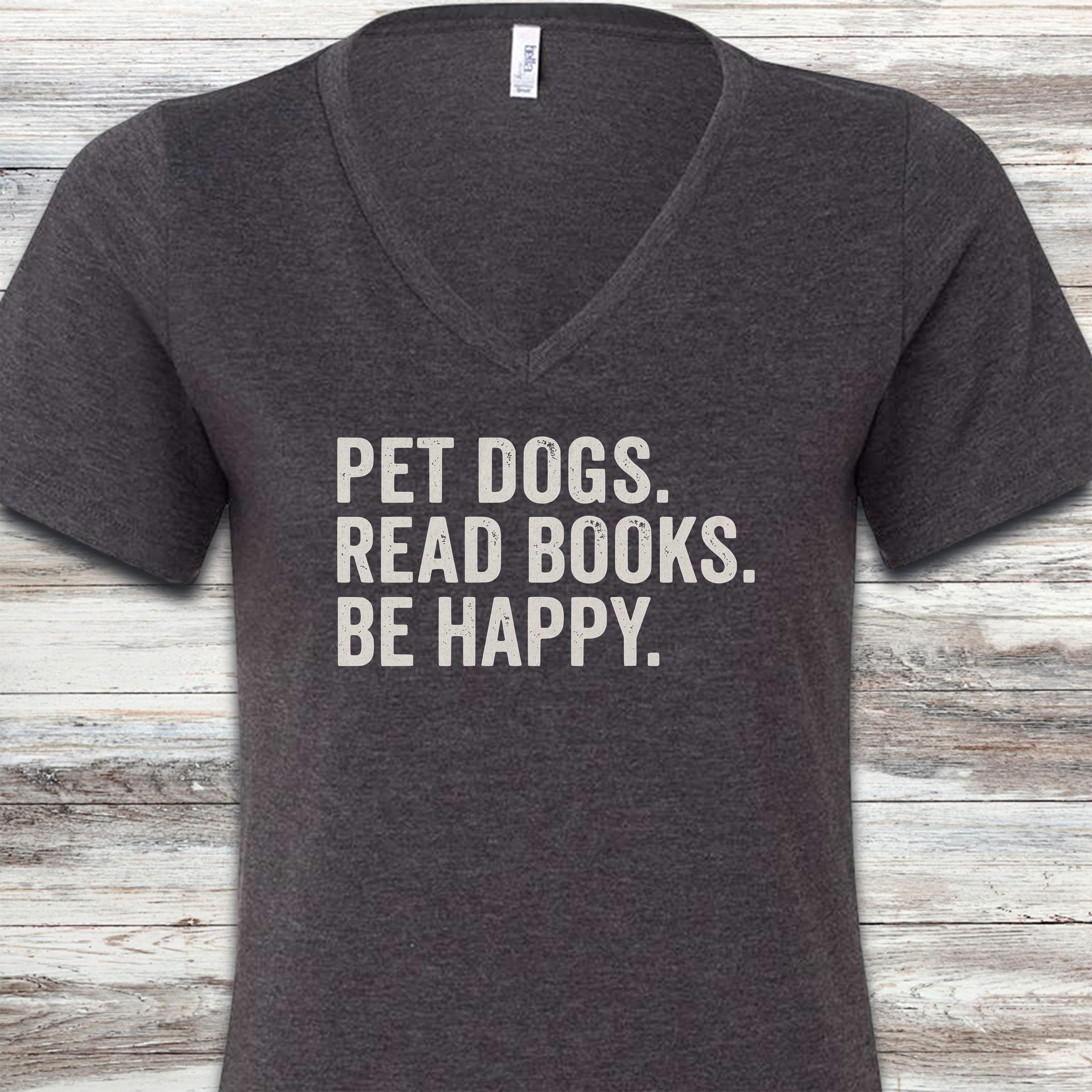 Dogs Books Happy V-Neck Tee - Dark Grey Heather