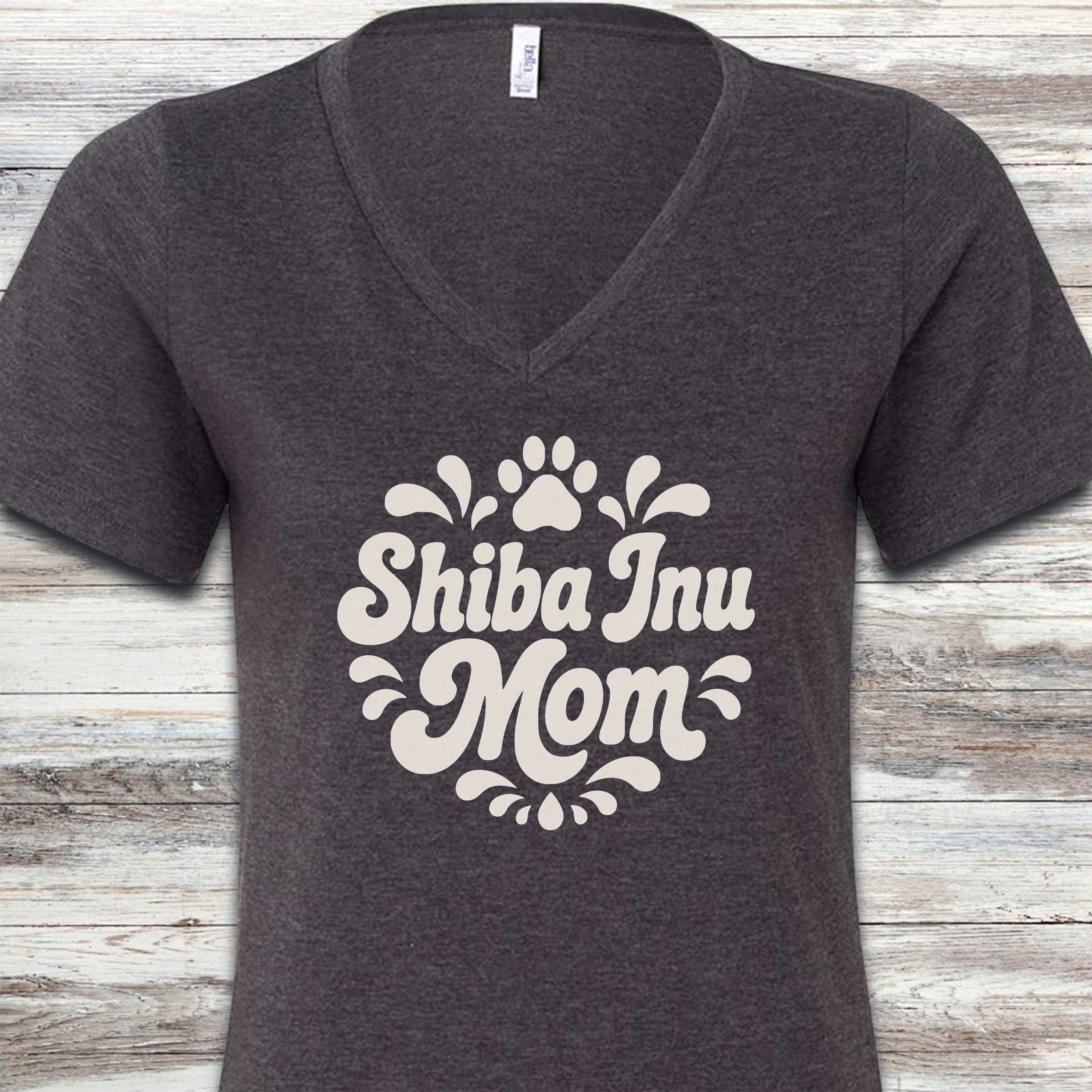 Shiba Inu Groovy Mom V-Neck Tee - Dark Grey Heather