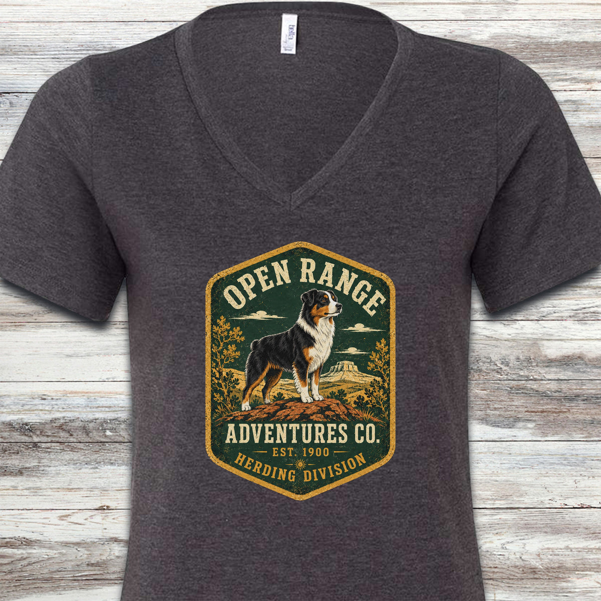 Australian Shepherd Black Tri Adventures V-Neck Tee - Dark Grey Heather