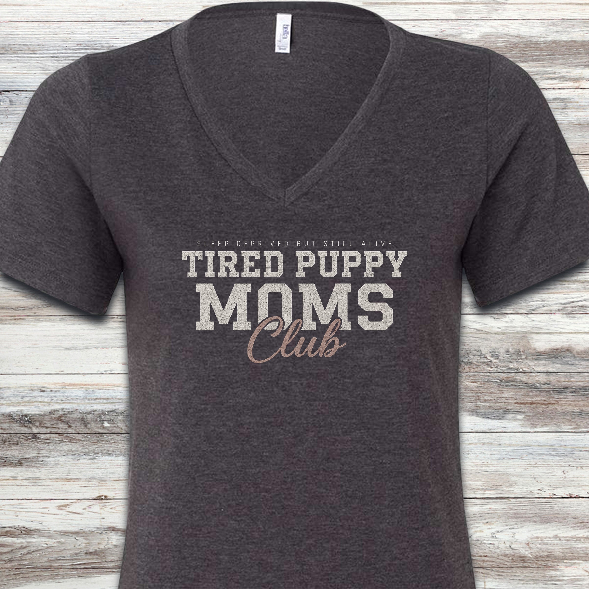 Tired Puppy Mom V-Neck Tee - Dark Grey Heather