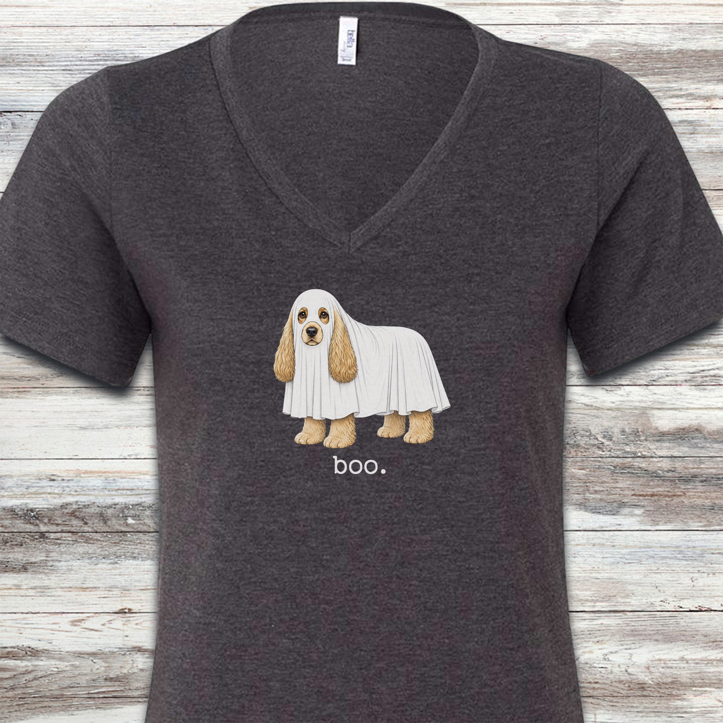 Cocker Spaniel Boo V-Neck Tee - Dark Grey Heather