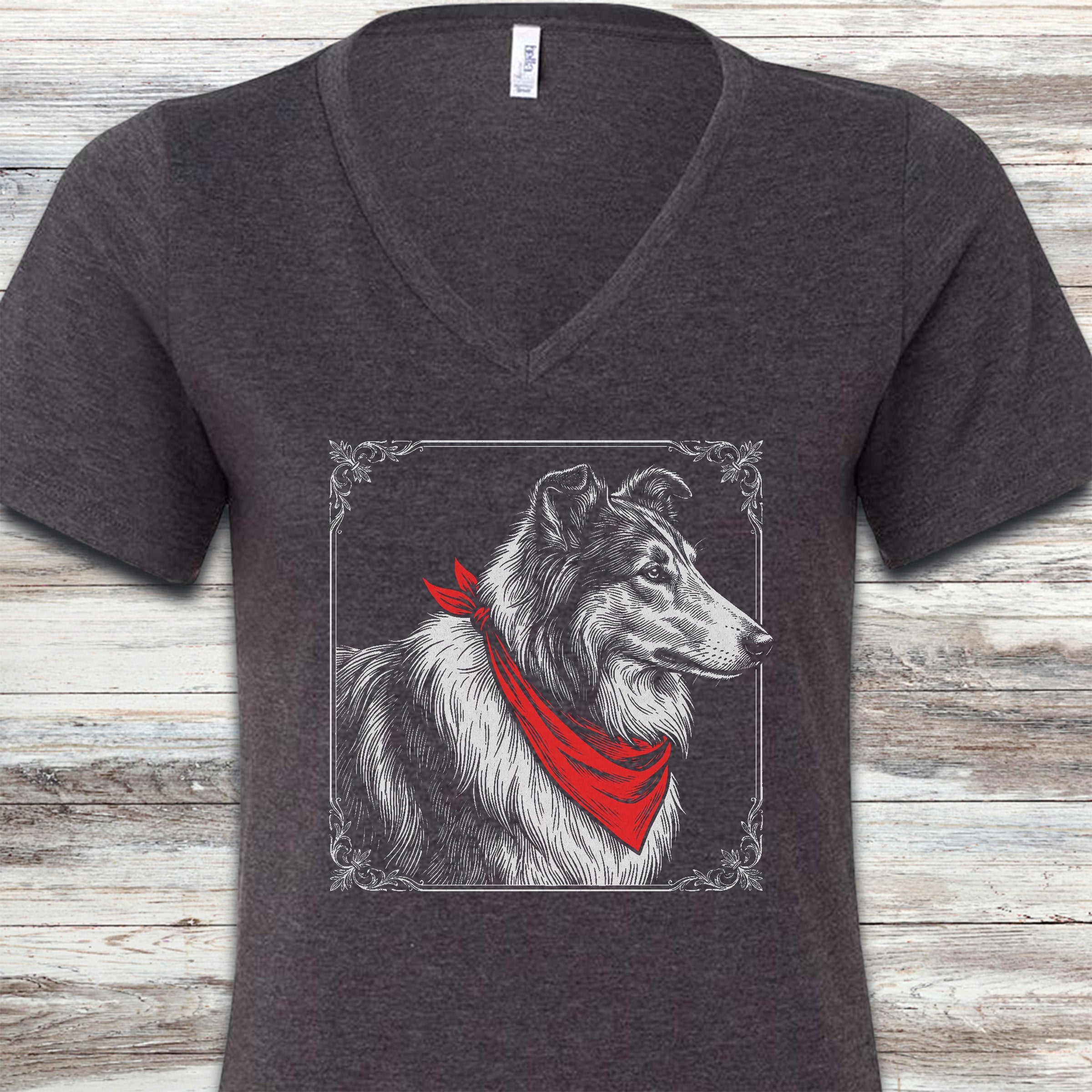 Rough Collie Etching V-Neck Tee - Dark Grey Heather