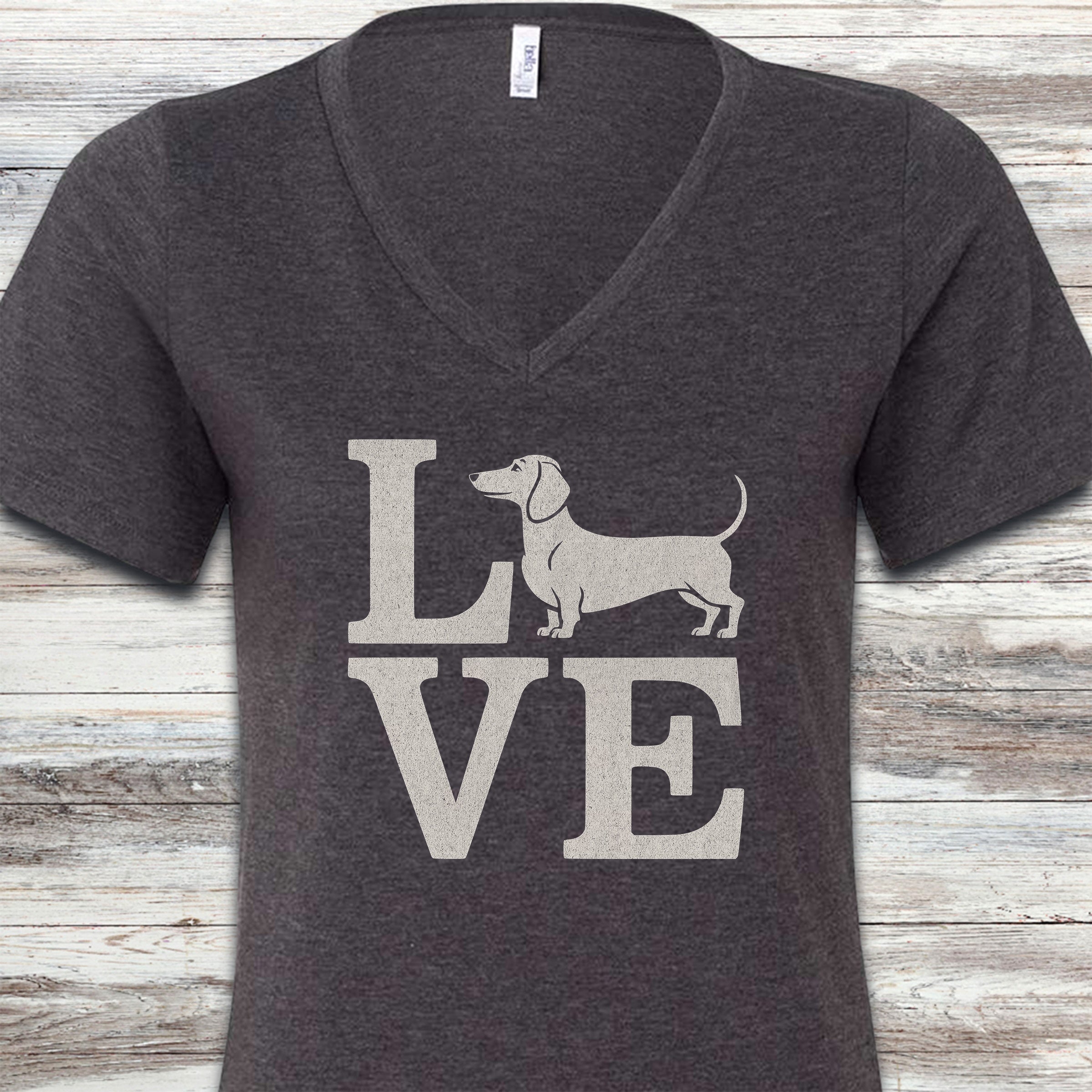 Dachshund Love V-Neck Tee - Dark Grey Heather