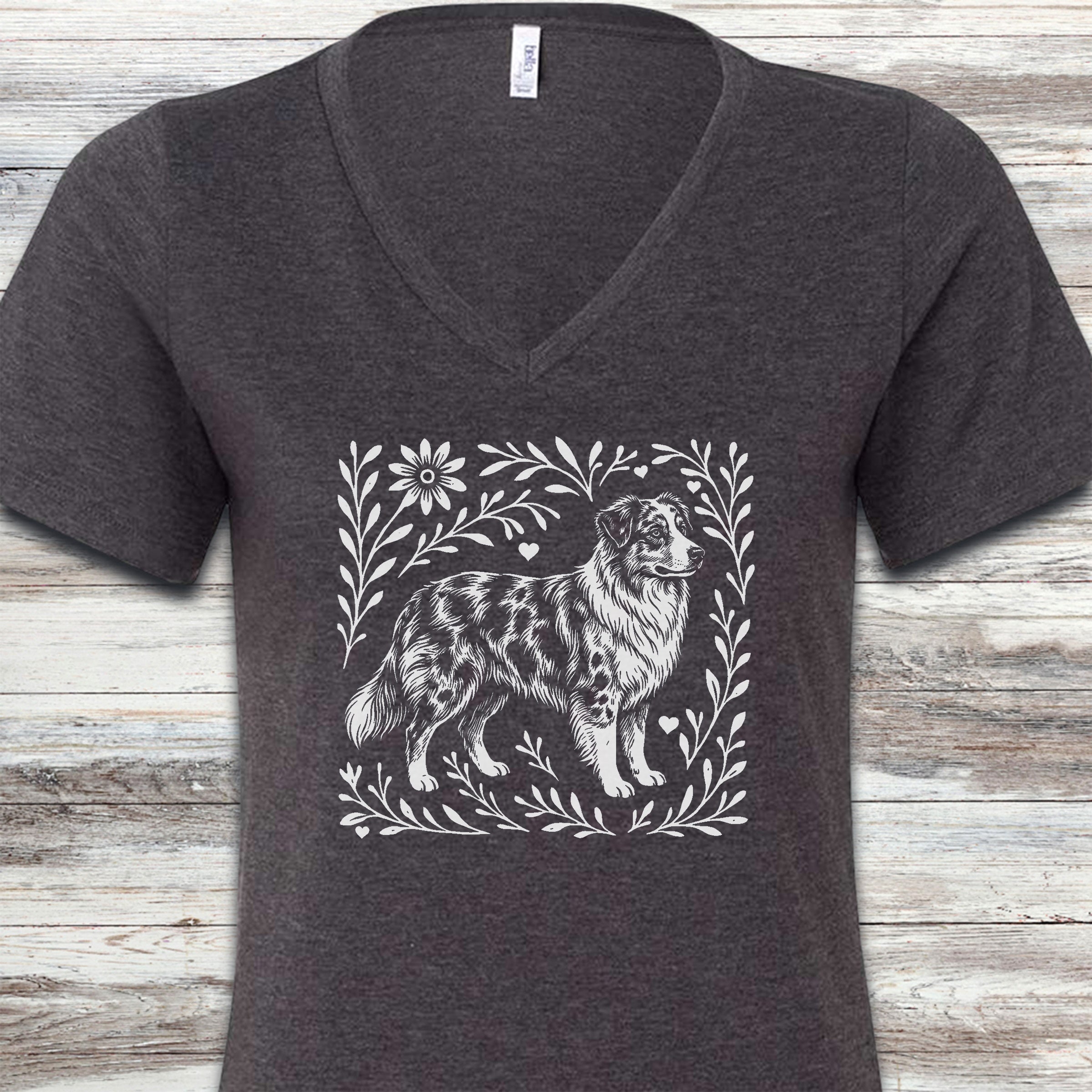 Australian Shepherd Merle Linocut V-Neck Tee - Dark Grey Heather