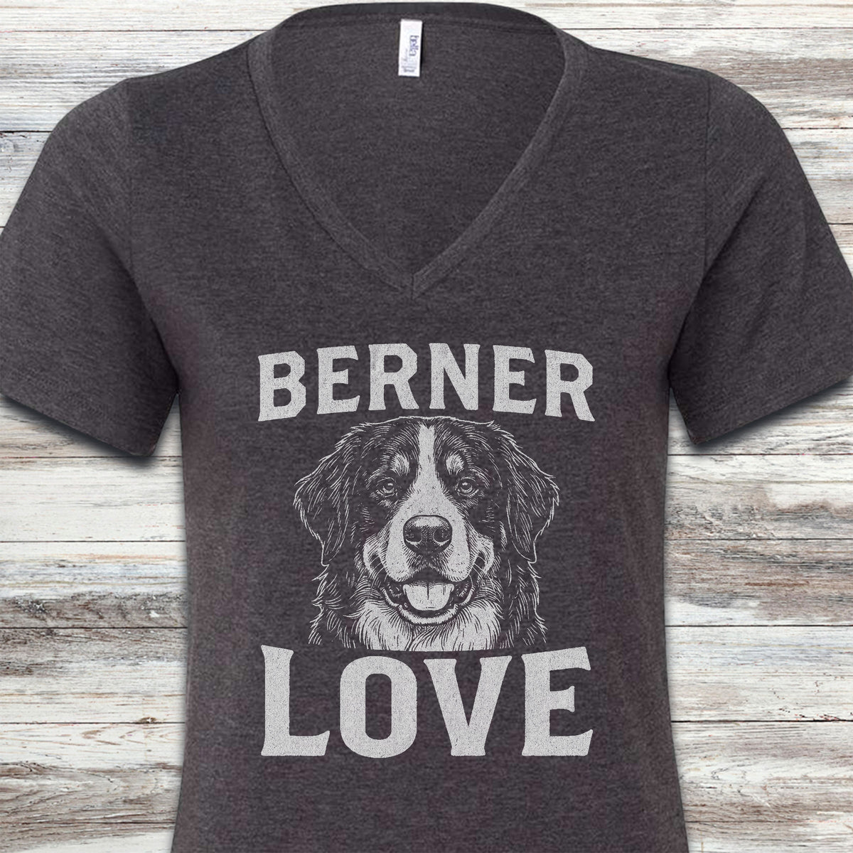 Bernese Mountain Dog Love Portrait V-Neck Tee - Dark Grey Heather