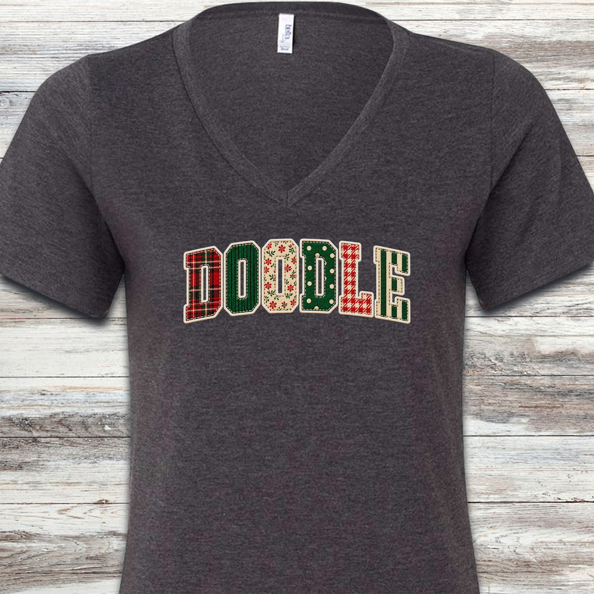 Doodle Holiday Faux Patchwork V-Neck Tee - Dark Grey Heather