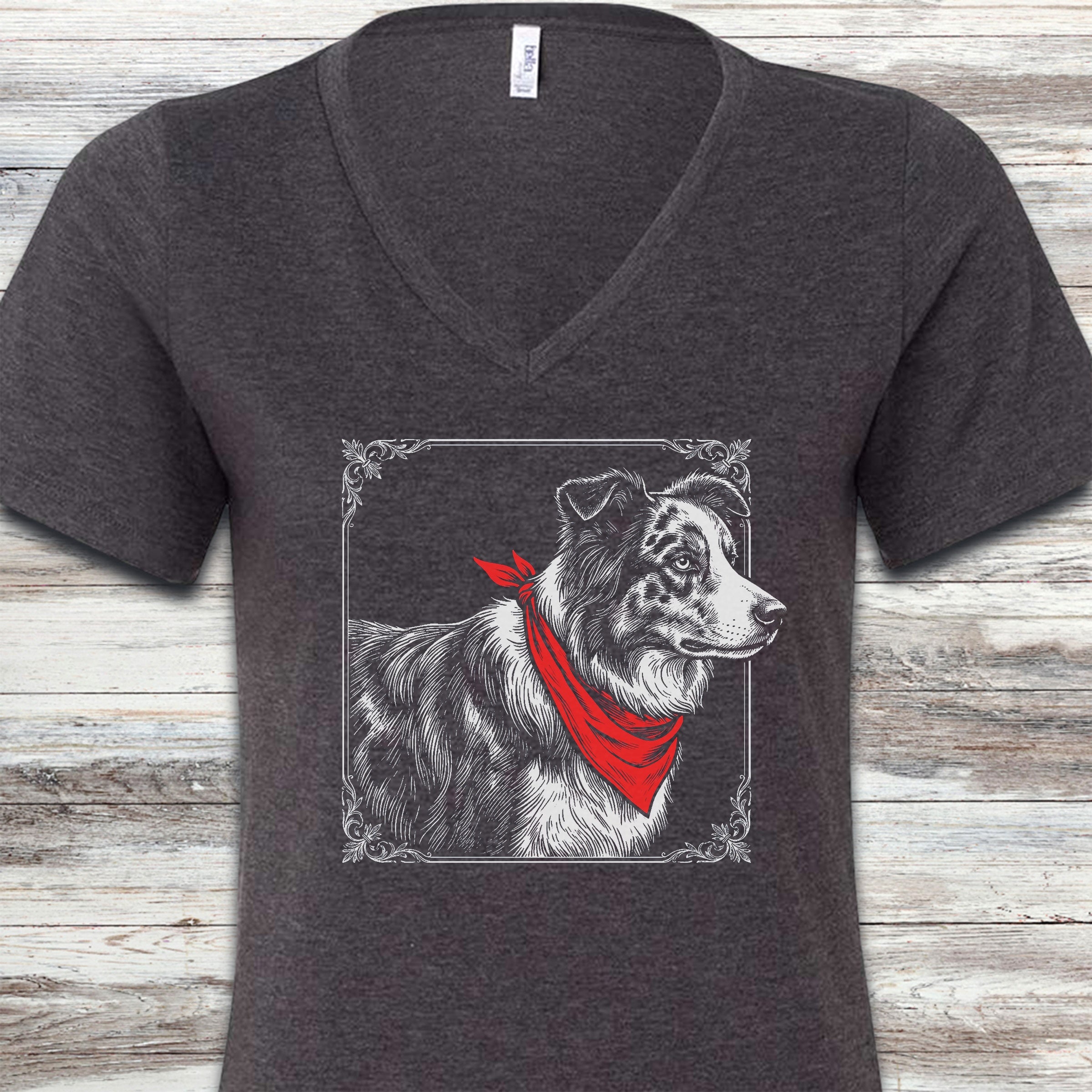 Australian Shepherd Etching V-Neck Tee - Dark Grey Heather