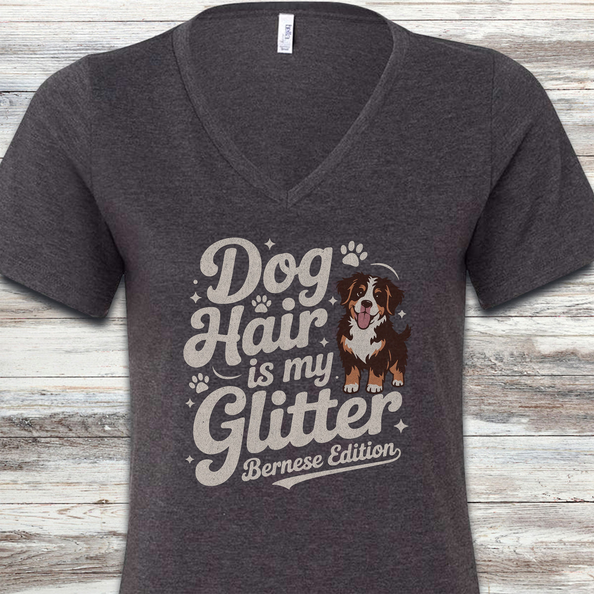 Bernese Mountain Dog Glitter V-Neck Tee - Dark Grey Heather