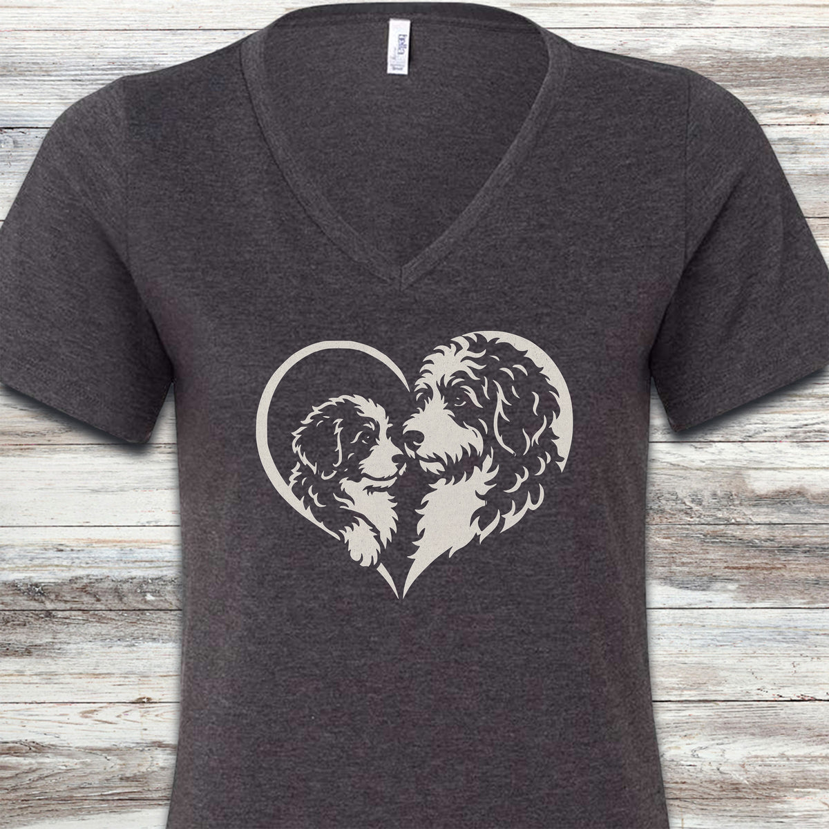 Bernedoodle Heart Bond V-Neck Tee - Dark Grey Heather