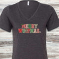 Merry Woofmas Faux Patchwork V-Neck Tee - Dark Grey Heather
