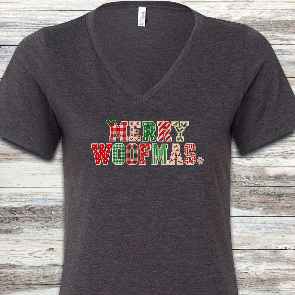 Merry Woofmas Faux Patchwork V-Neck Tee - Dark Grey Heather