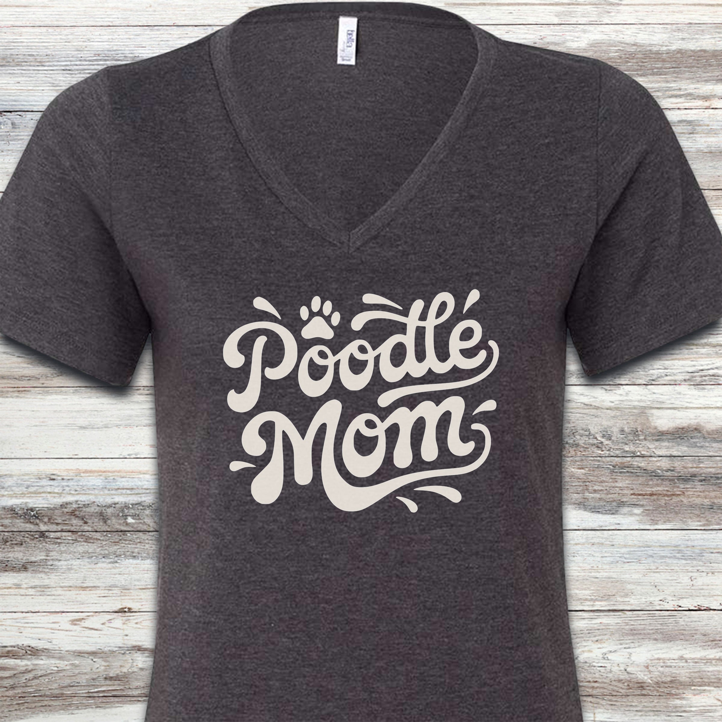 Poodle Groovy Mom V-Neck Tee - Dark Grey Heather