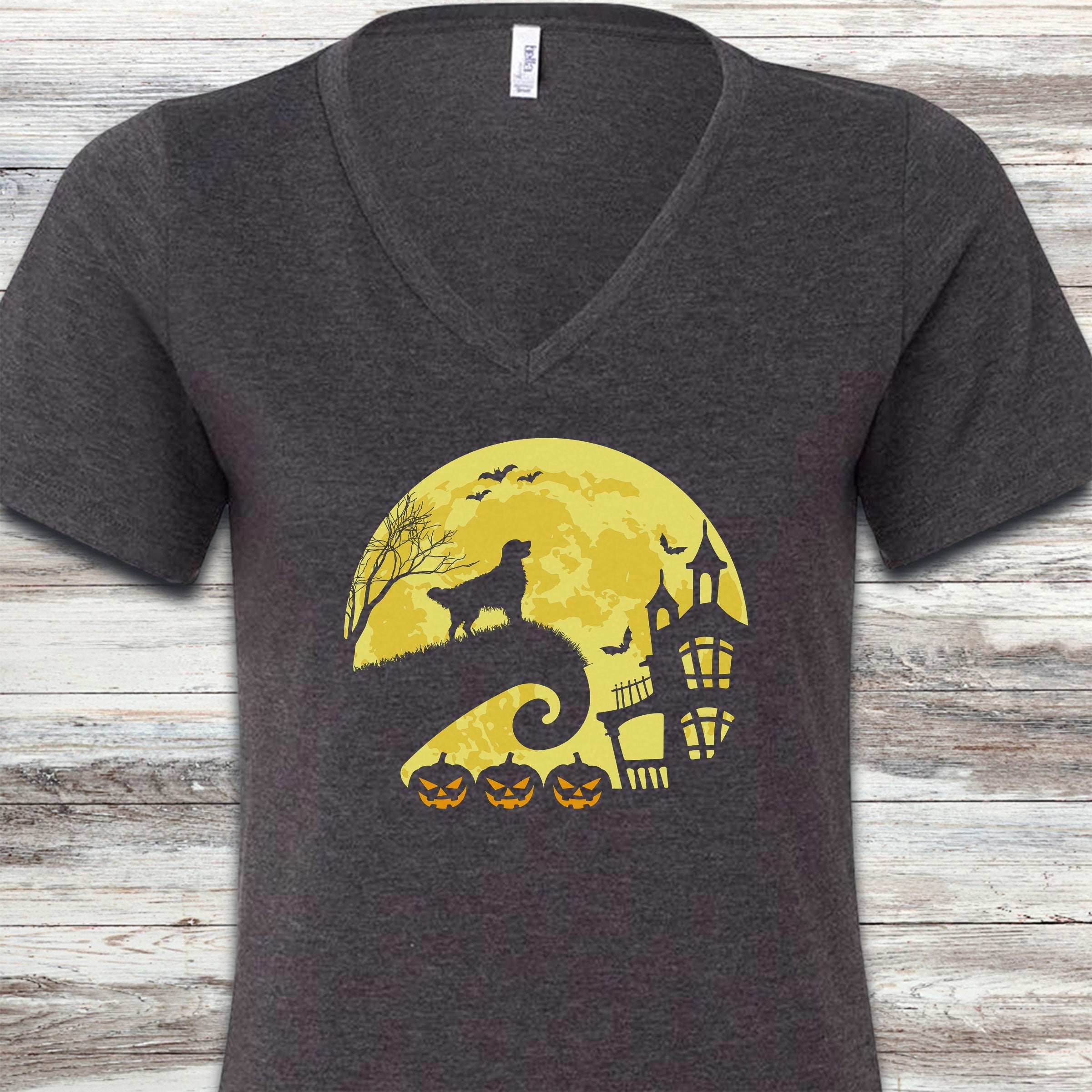 Golden Retriever Halloween Moon V-Neck Tee - Dark Grey Heather