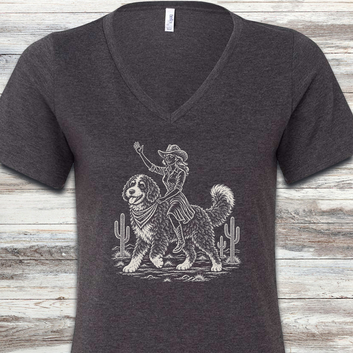Bernedoodle Cowgirl V-Neck Tee - Dark Grey Heather