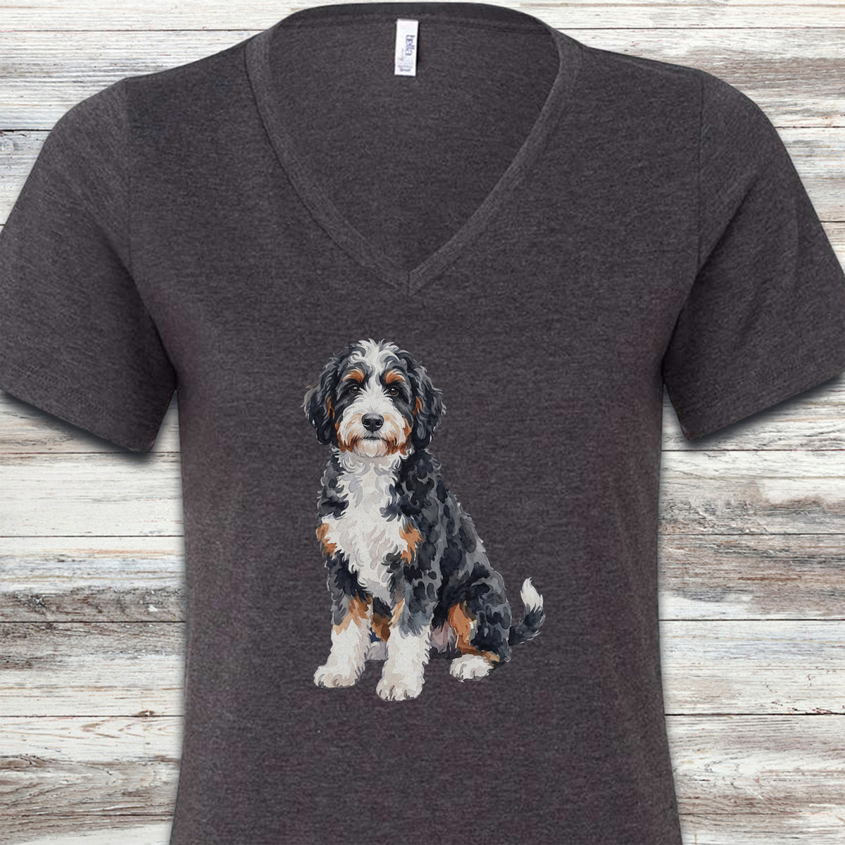Bernedoodle Watercolor V-Neck Tee - Dark Grey Heather