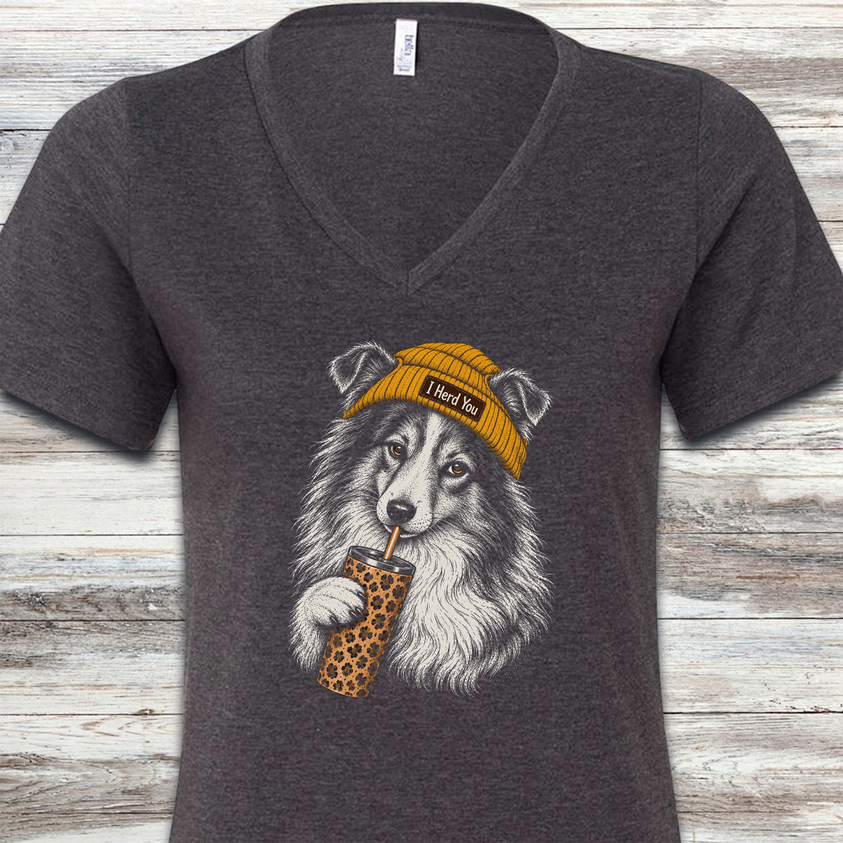 Shetland Sheepdog Herd You Beanie V-Neck Tee - Dark Grey Heather
