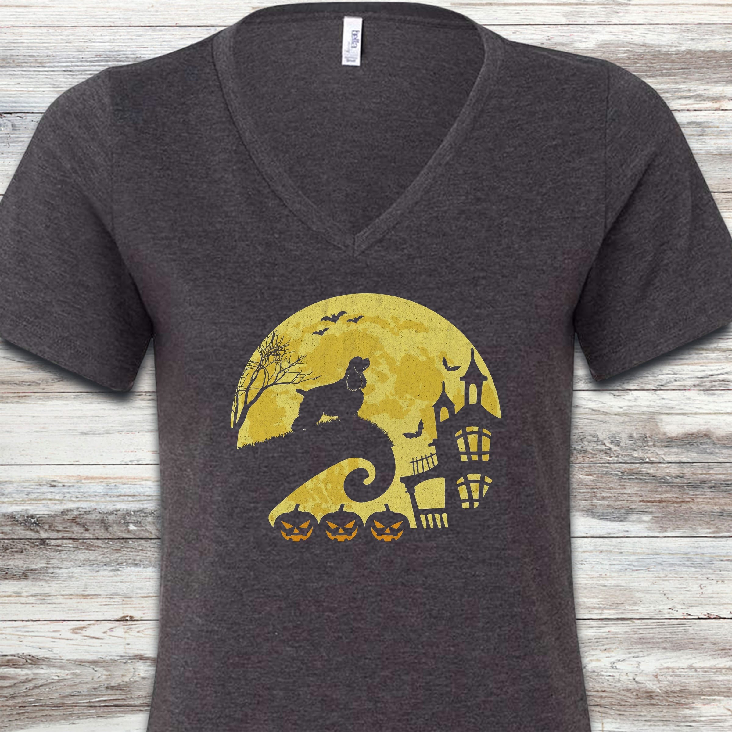Cocker Spaniel Halloween Moon V-Neck Tee - Dark Grey Heather