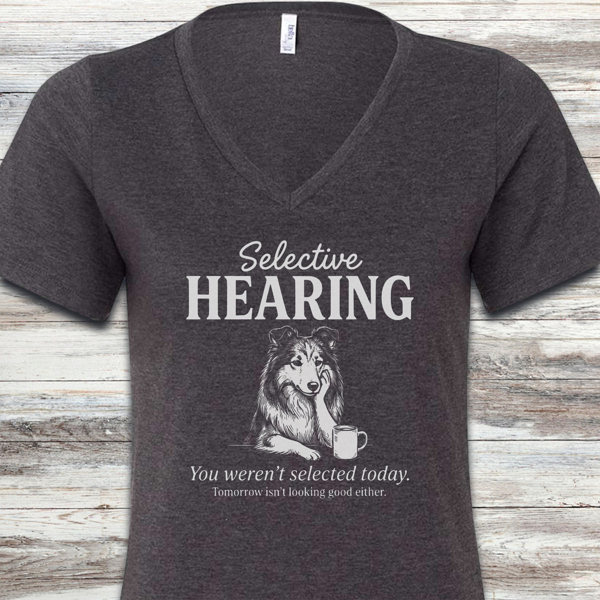 Rough Collie Selective Hearing V-Neck Tee - Dark Grey Heather