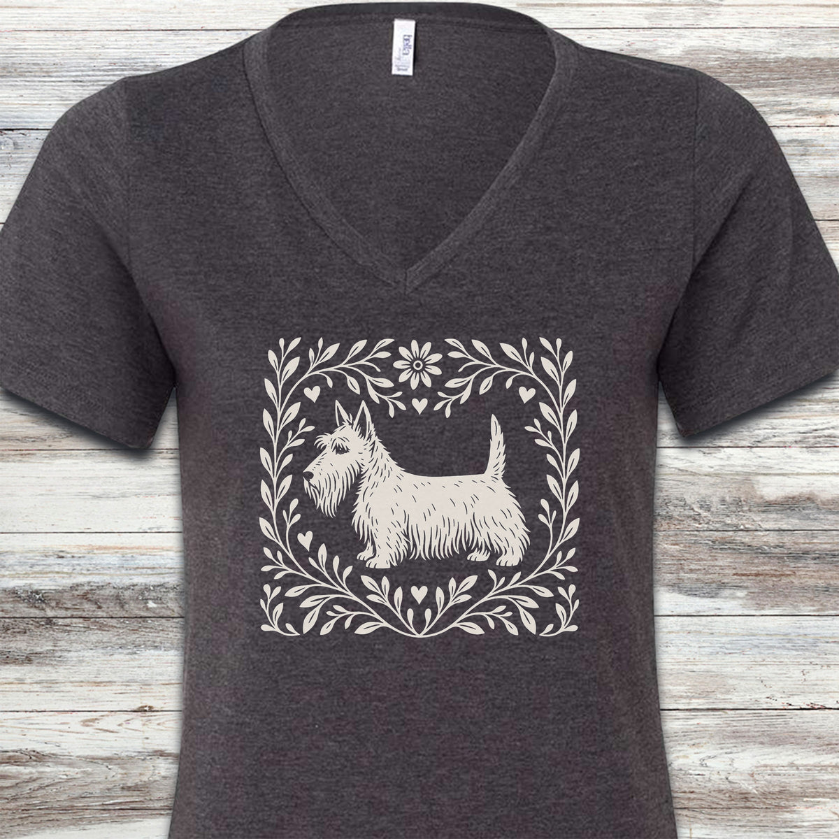 Scottish Terrier Linocut V-Neck Tee - Dark Grey Heather