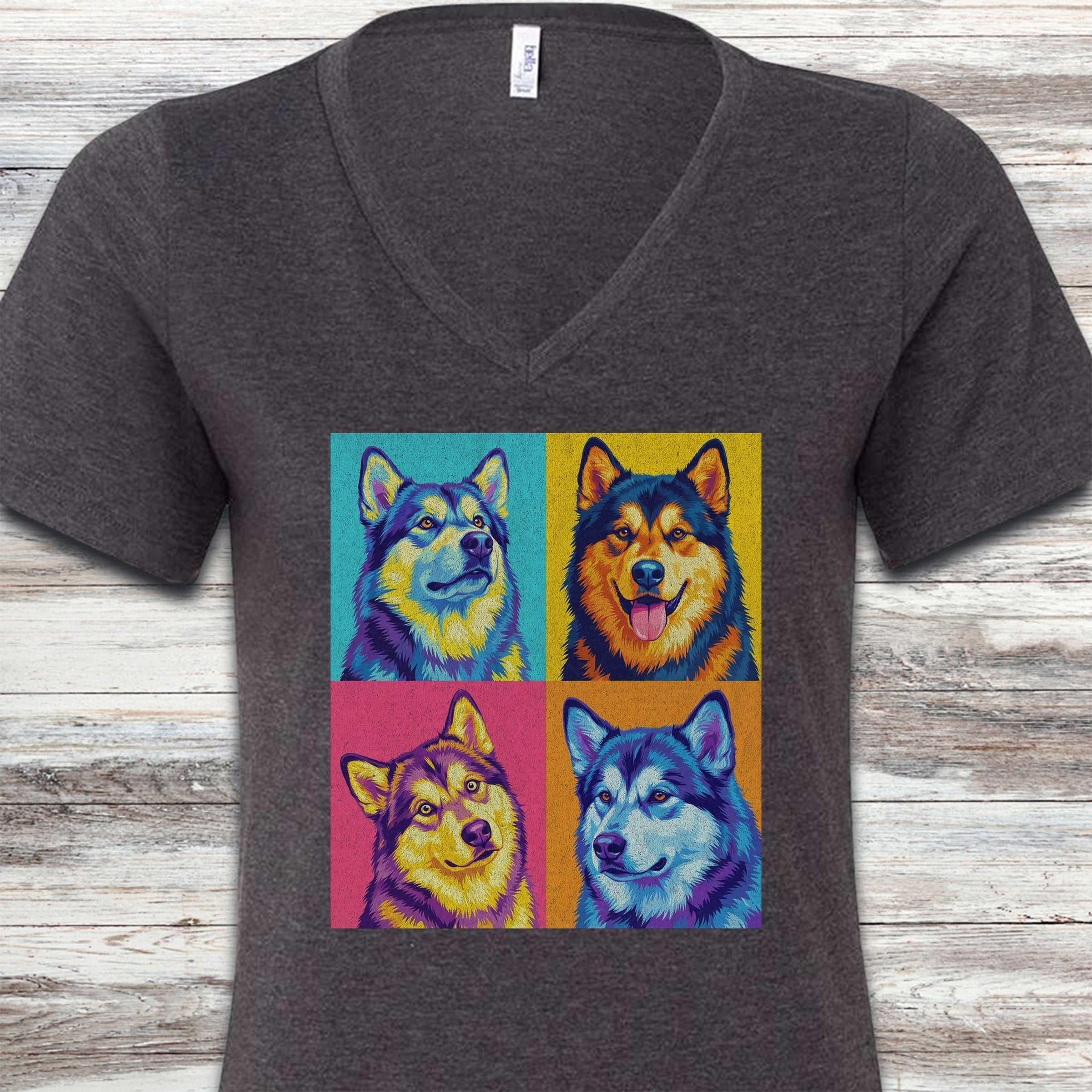 Pop Art Malamute V-Neck Tee - Dark Grey Heather