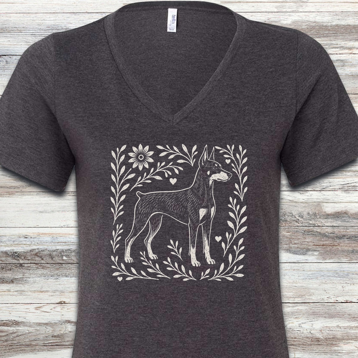 Doberman Linocut V-Neck Tee - Dark Grey Heather