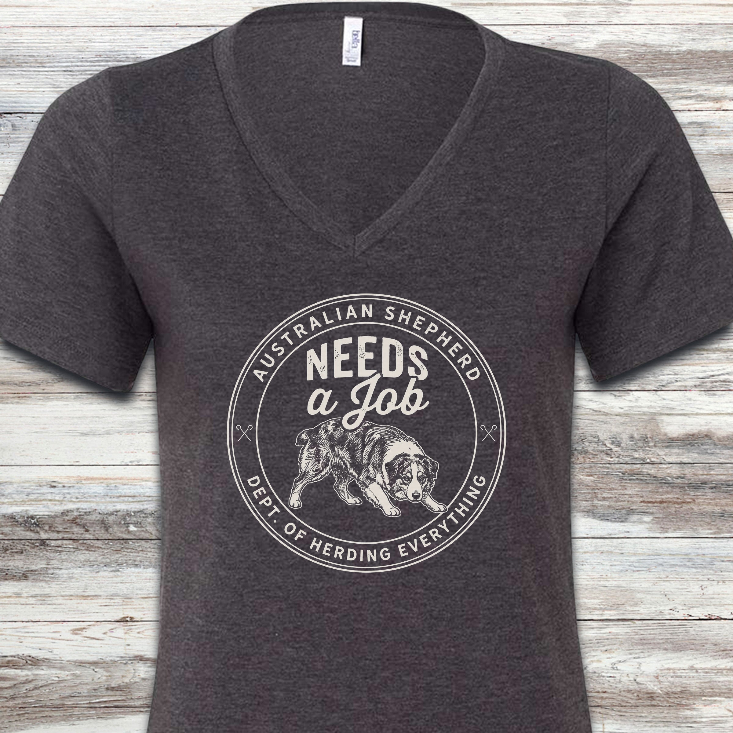 Australian Shepherd Needs Job V-Neck Tee - Dark Grey Heather