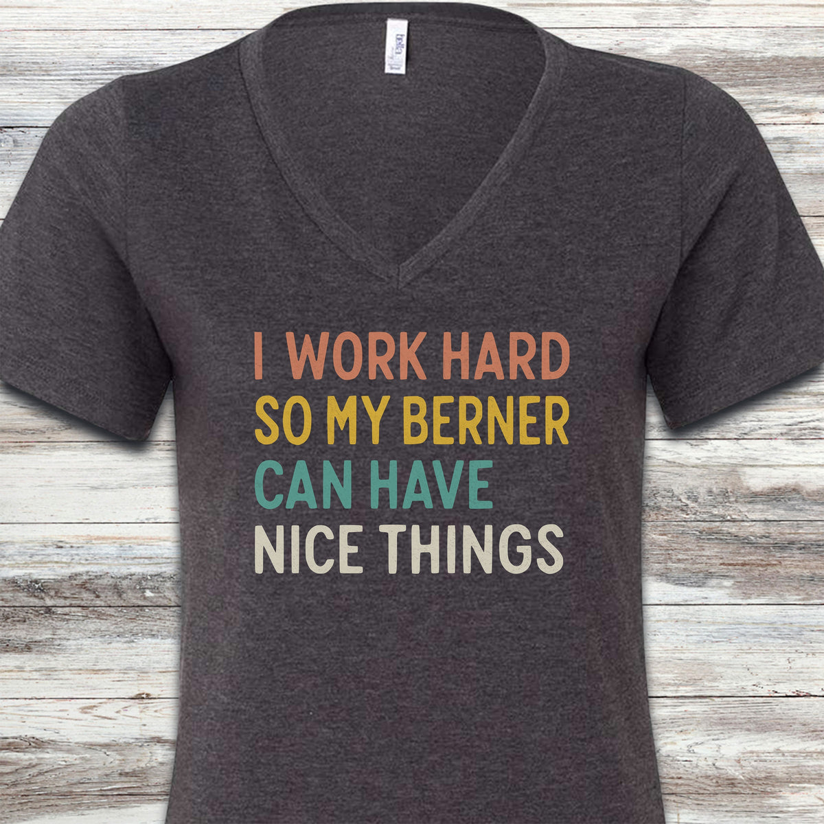 I Work Hard Bernese Mountain Dog V-Neck Tee - Dark Grey Heather
