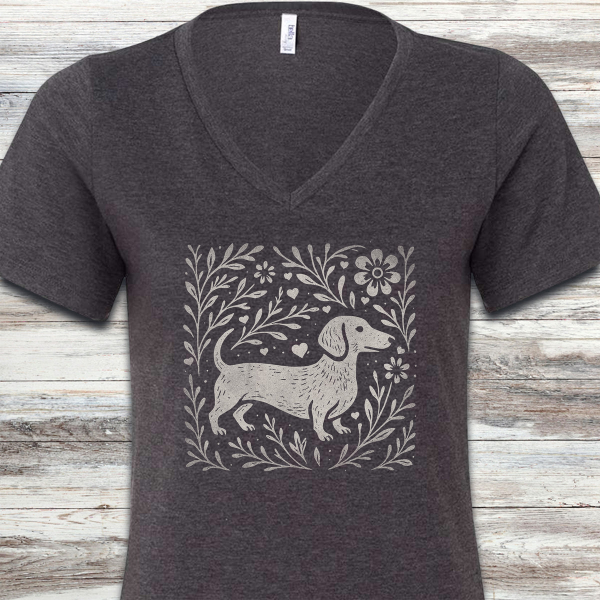 Dachshund Linocut V-Neck Tee - Dark Grey Heather
