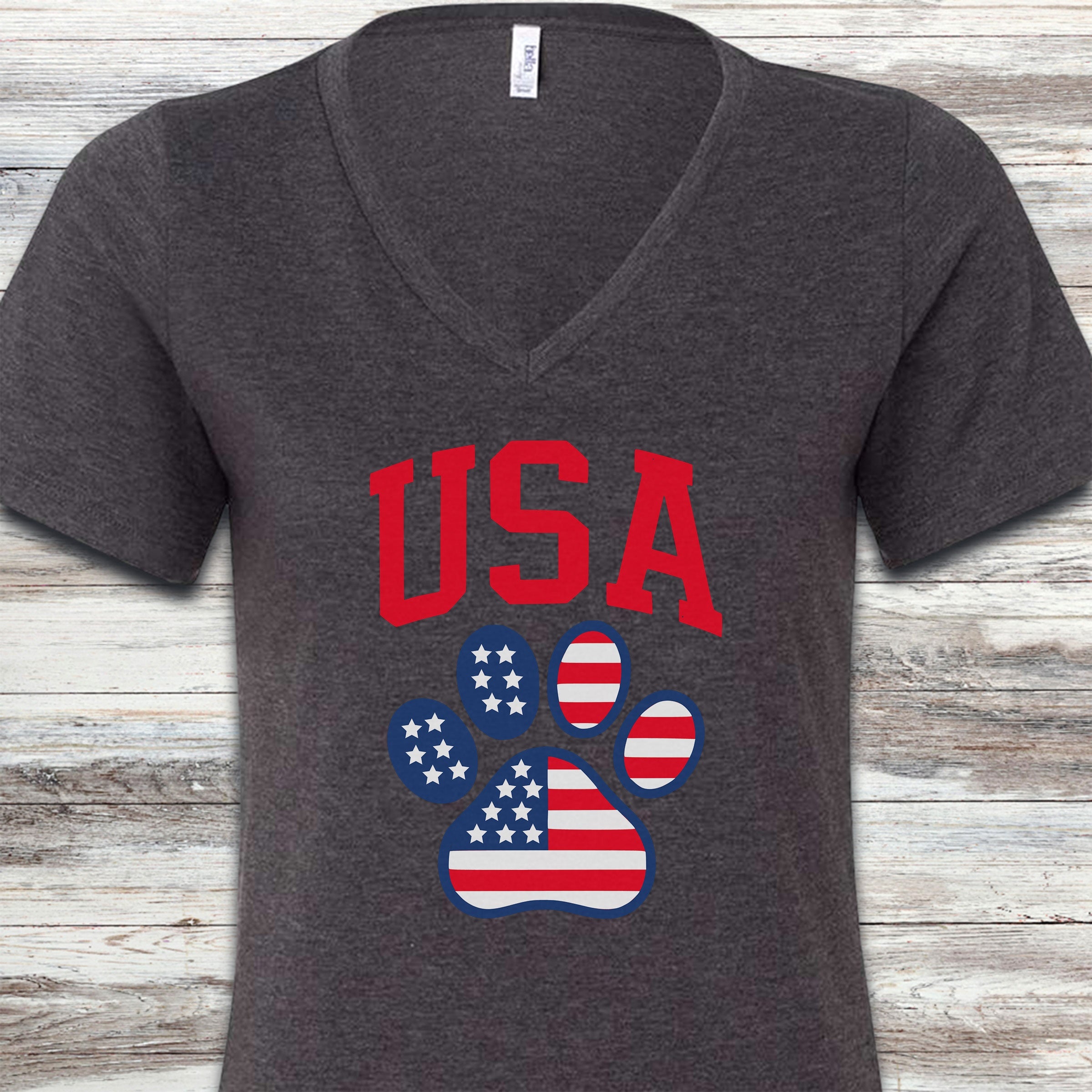 USA Paw Print V-Neck Tee - Dark Grey Heather