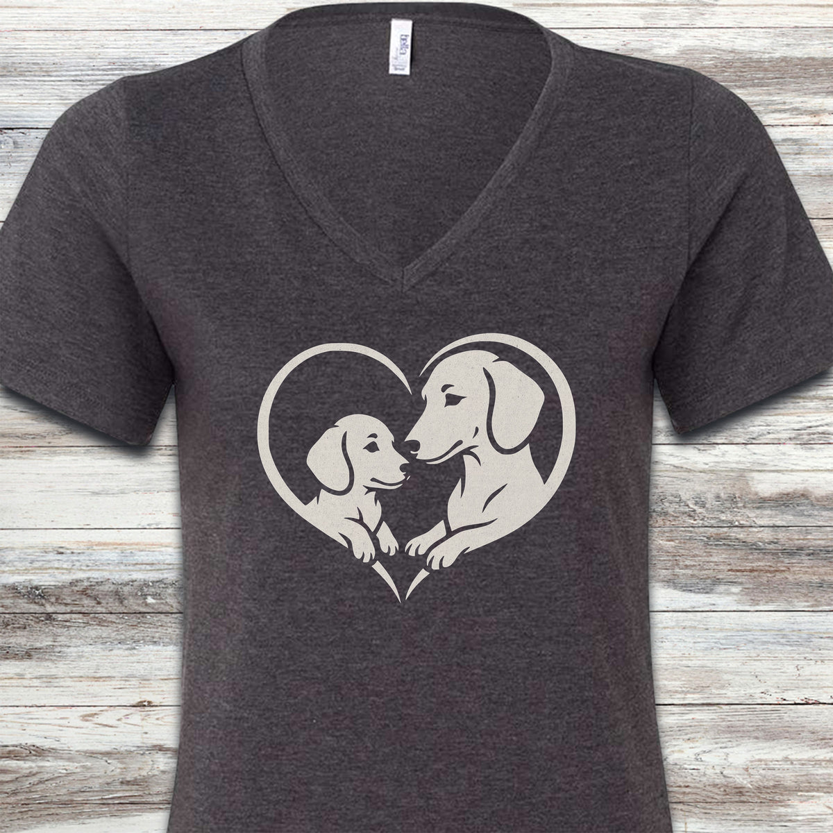 Dachshund Heart Bond V-Neck Tee - Dark Grey Heather