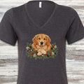 Golden Retriever Winter Greenery Faux Embroidery V-Neck Tee - Dark Grey Heather