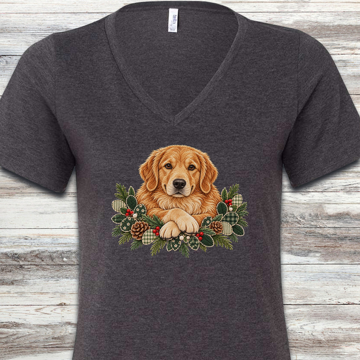 Golden Retriever Winter Greenery Faux Embroidery V-Neck Tee - Dark Grey Heather