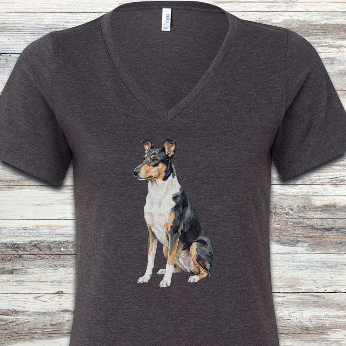 Smooth Collie Watercolor V-Neck Tee - Dark Grey Heather