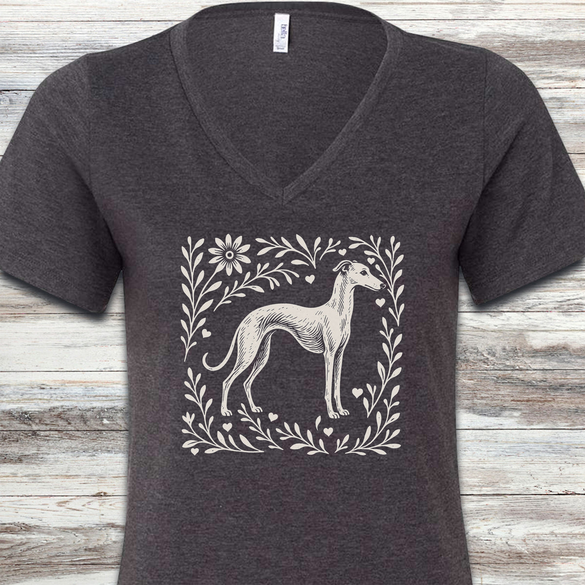 Whippet Linocut V-Neck Tee - Dark Grey Heather