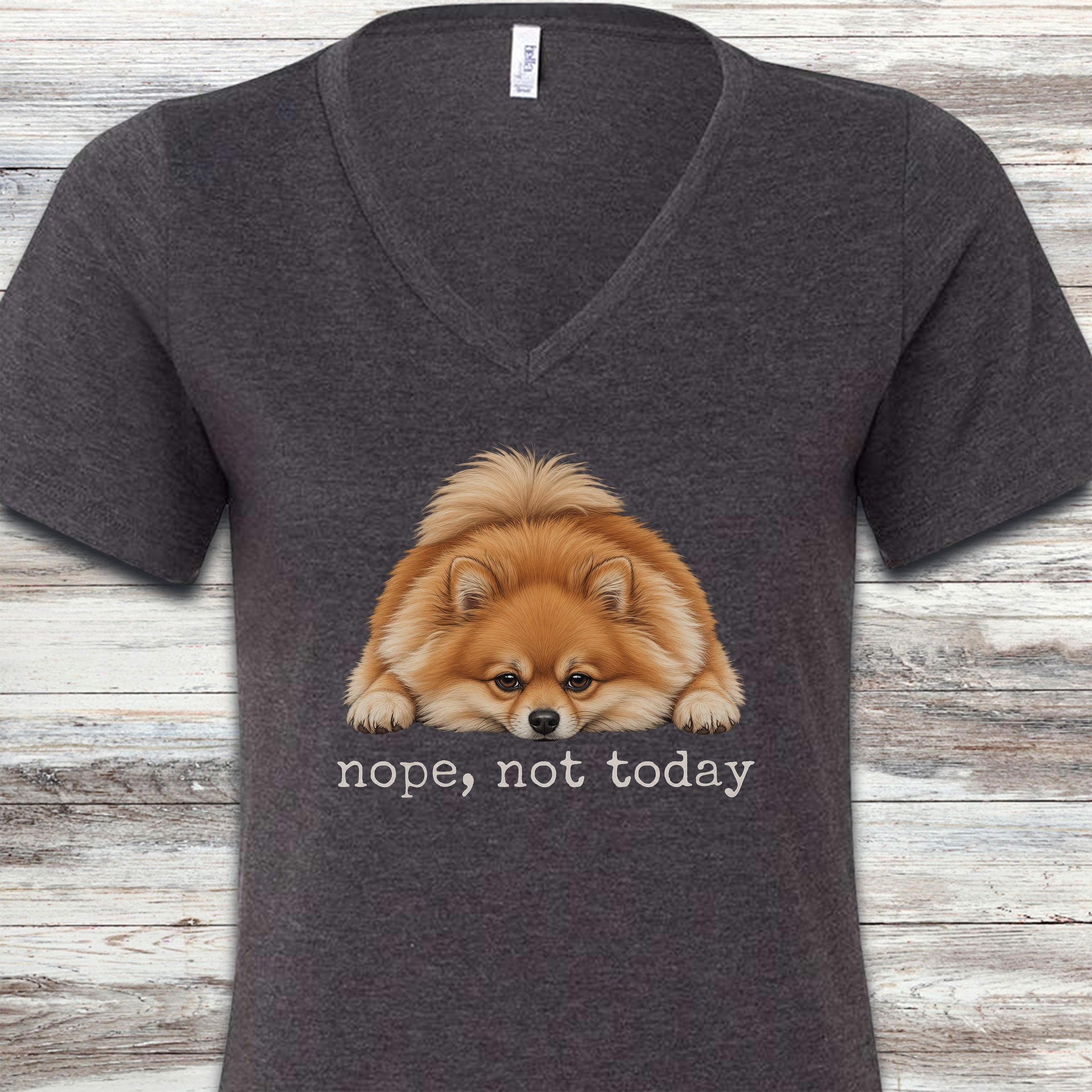 Pomeranian Nope V-Neck Tee - Dark Grey Heather
