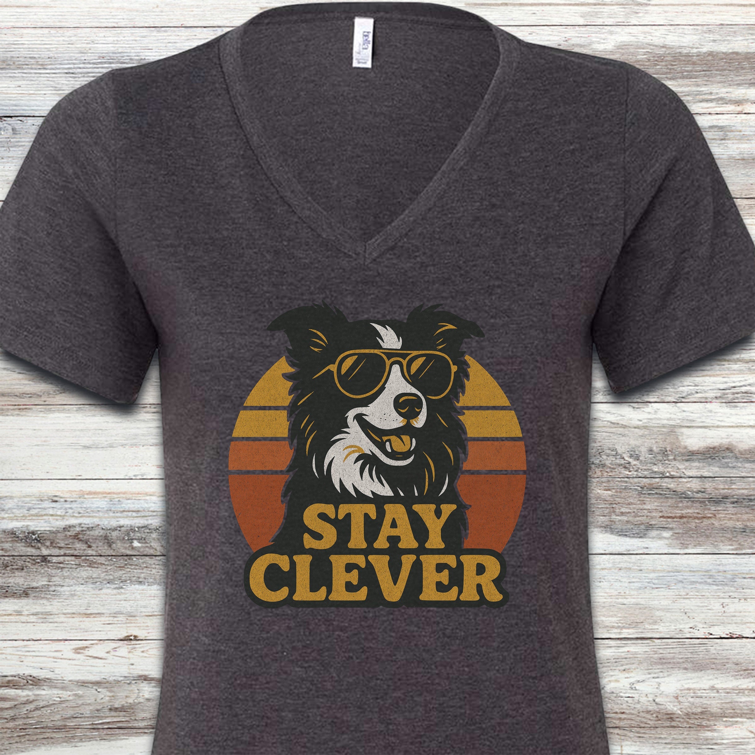 Border Collie Stay Clever V-Neck Tee - Dark Grey Heather