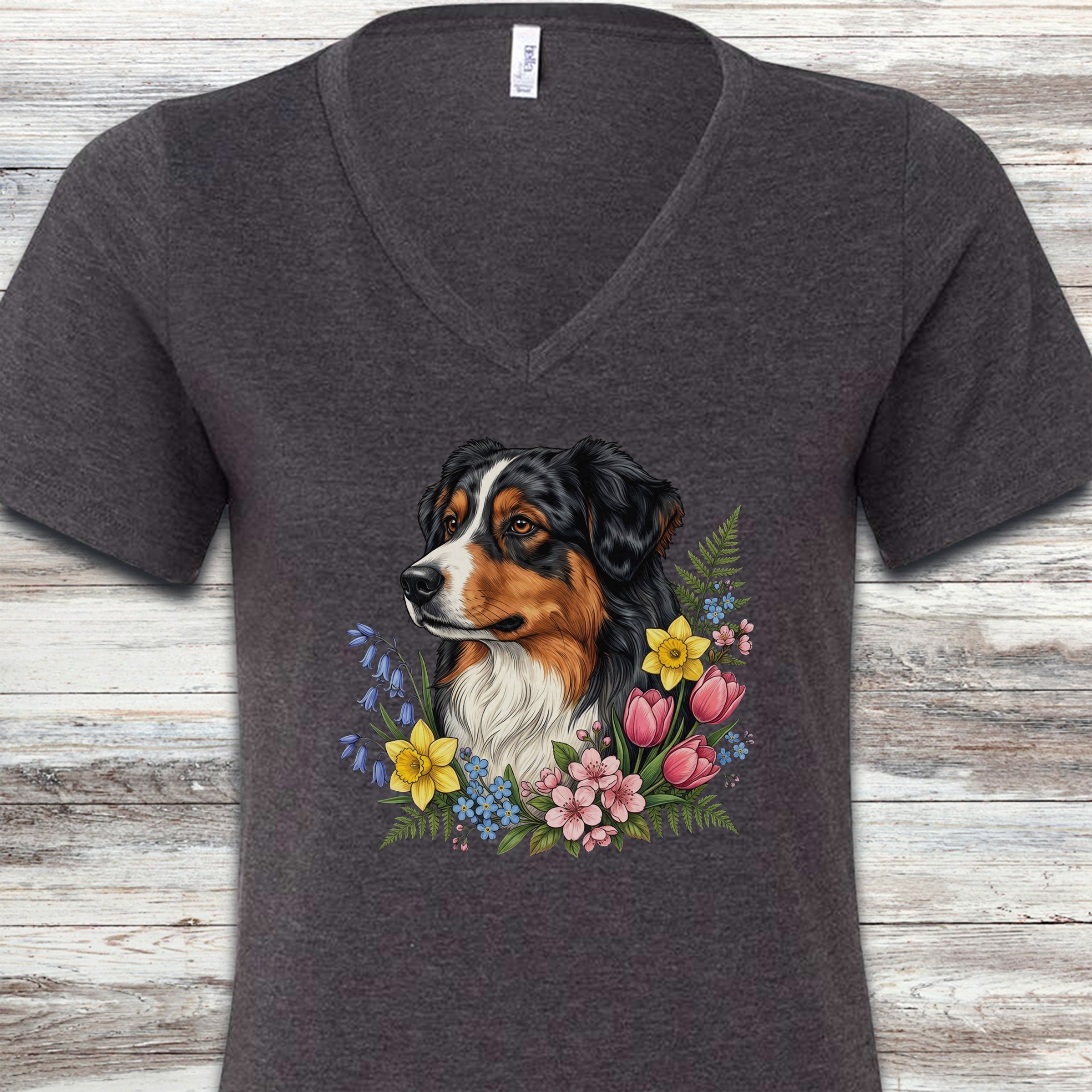 Australian Shepherd Tri Portrait V-Neck Tee - Dark Grey Heather