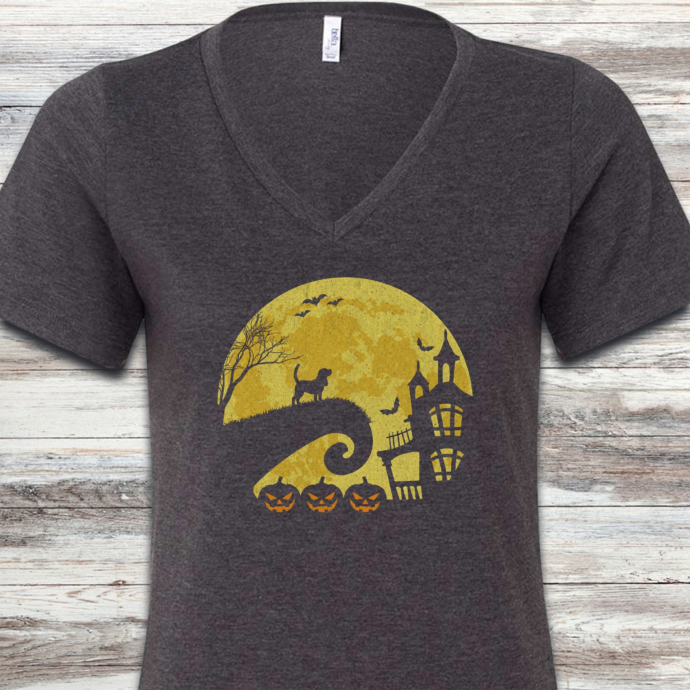 Beagle Halloween Moon V-Neck Tee - Dark Grey Heather