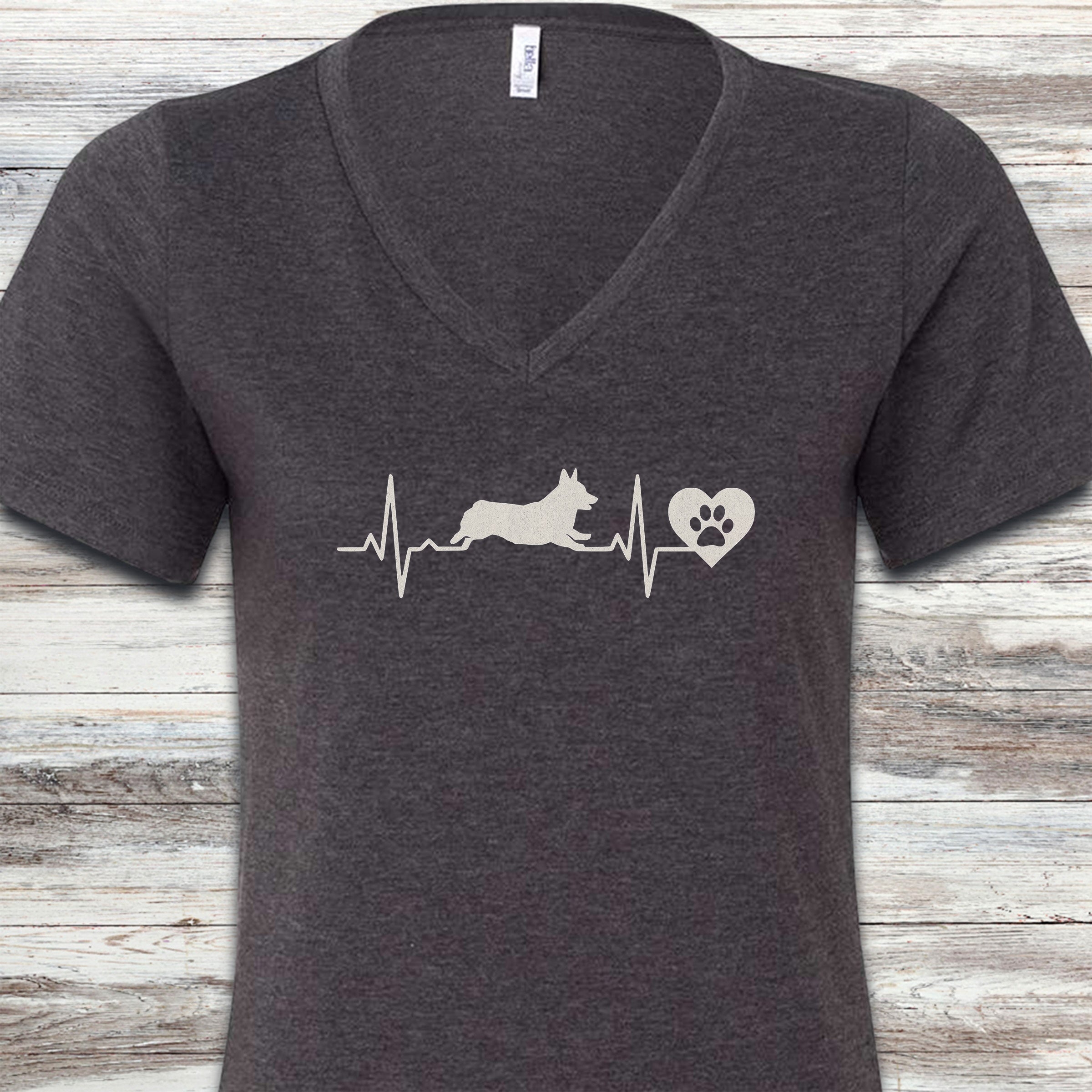 Corgi Heartbeat V-Neck Tee - Dark Grey Heather
