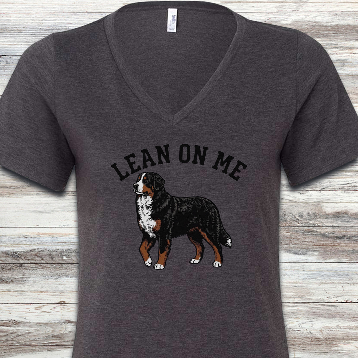 Bernese Mountain Dog Lean on Me V-Neck Tee - Dark Grey Heather