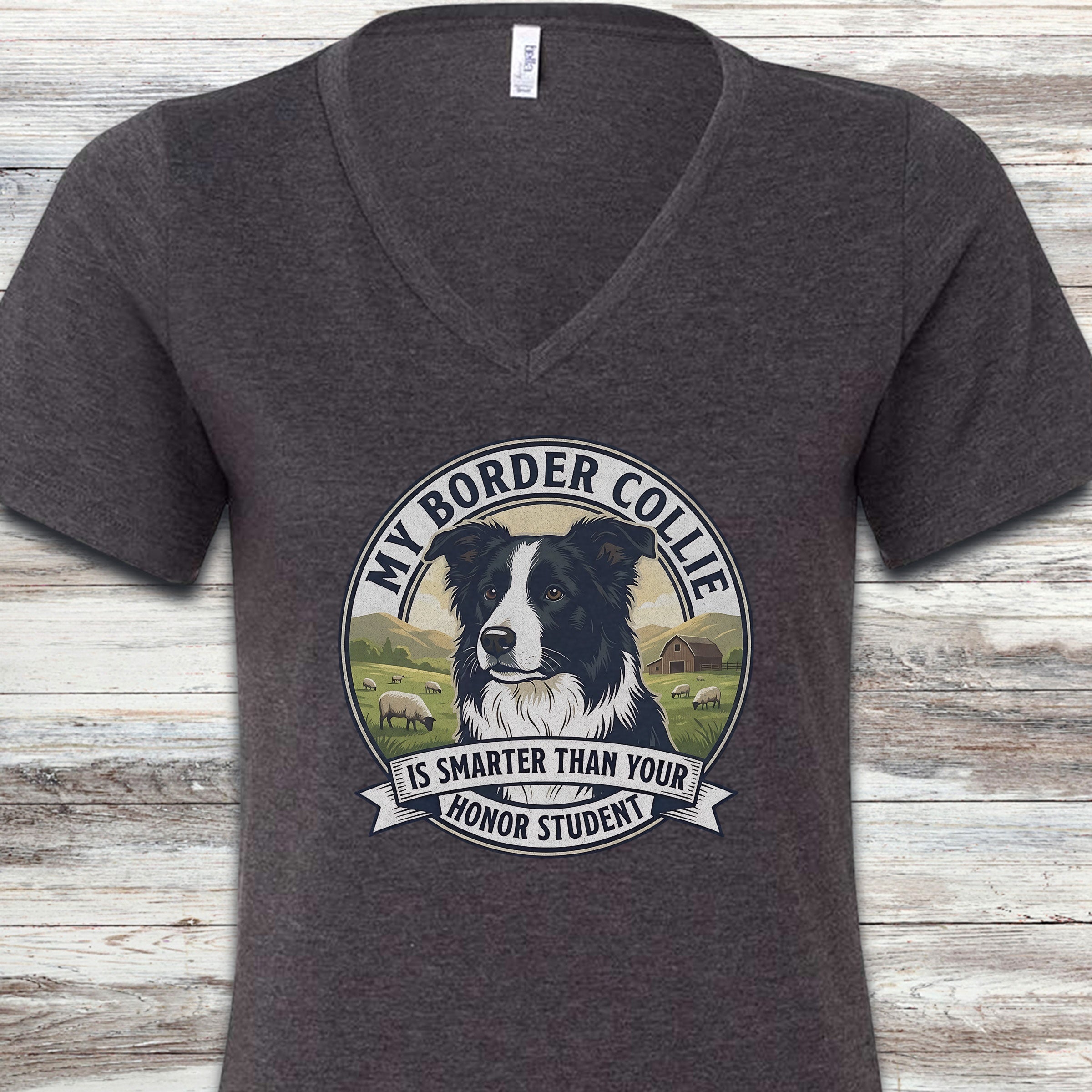 Border Collie Smart V-Neck Tee - Dark Grey Heather