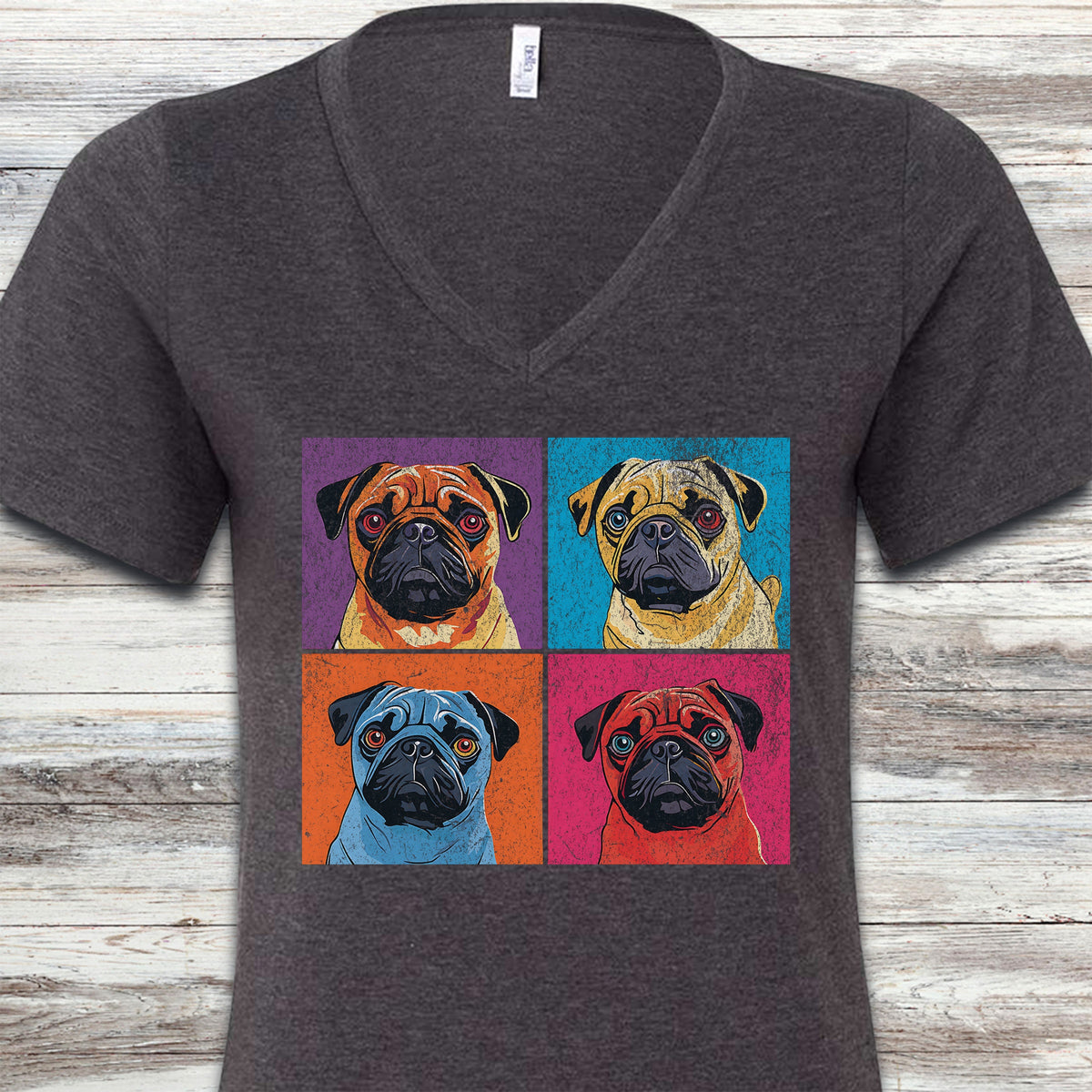 Pug Pop Art V-Neck Tee - Dark Grey Heather